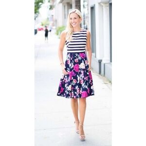 Floral Navy and White Striped Dress